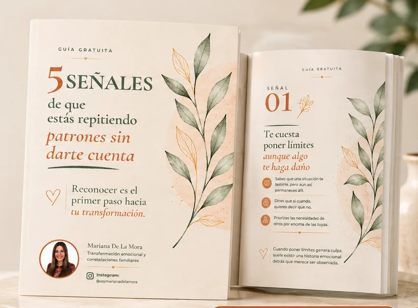 Portada e interior de la guía «5 señales de que estás repitiendo patrones sin darte cuenta».